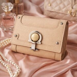 Salvatore Ferragamo Vintage Beige Saffiano Leather Wallet | Gancini Clasp